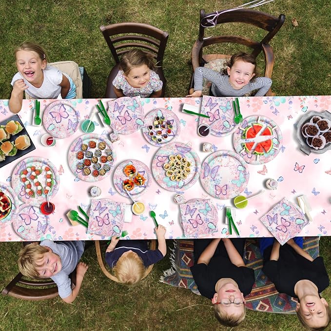 Butterfly Birthday Party Supplies Disposable Paper Plates Napkins Cups Tablecloth and Banner for Butterfly Girl Party Birthday Decorations Serve 25