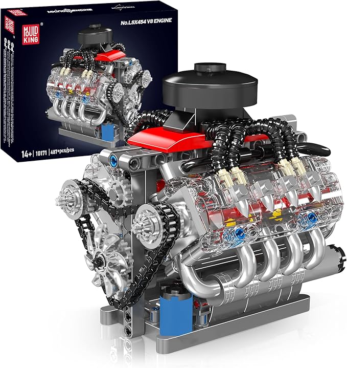 Mould King 10171 V8 Engine Model Kit That Works 8 Cylinder Car Engine with Motor Building Blocks Collectibles for Adults STEM Build Set (487 Pieces)