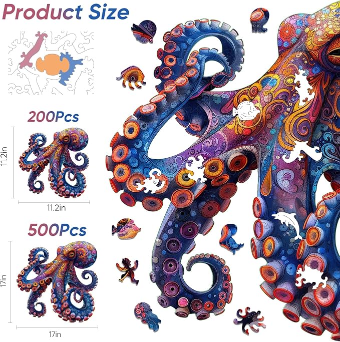 Mys Aurora Octopus Puzzles for Adults 500 Pieces 5MM Thick Wooden Jigsaw Puzzles Unique Shape Puzzle Ocean Wood Puzzles for Adults and Kids Birthday Gifts Family Game 17 * 17inch