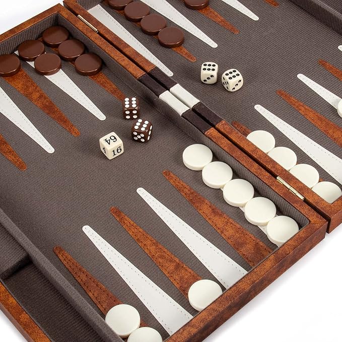 AMEROUS Backgammon Set 15 Inches Classic Board Game with Leather Case Folding Board Gift Package Portable Travel Strategy Backgammon Game Set for Adults Kids (Medium Brown)