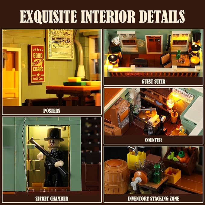 FUNWHOLE Western General Store Lighting Building-Bricks Set - 1895 Pcs The Old West Town Collection Display Set for Adults and West Lovers