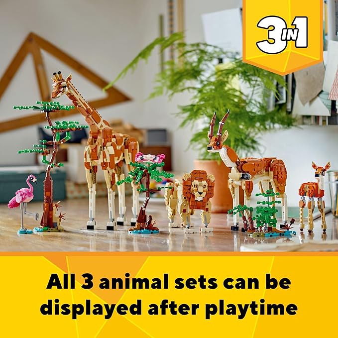 LEGO Creator 3 in 1 Wild Safari Animals Rebuilds into 3 Different Safari Animal Figures - Giraffe Gazelle or Lion Toy Nature Toy Building Set for Kids Ages 9 Years Old and Up 31150