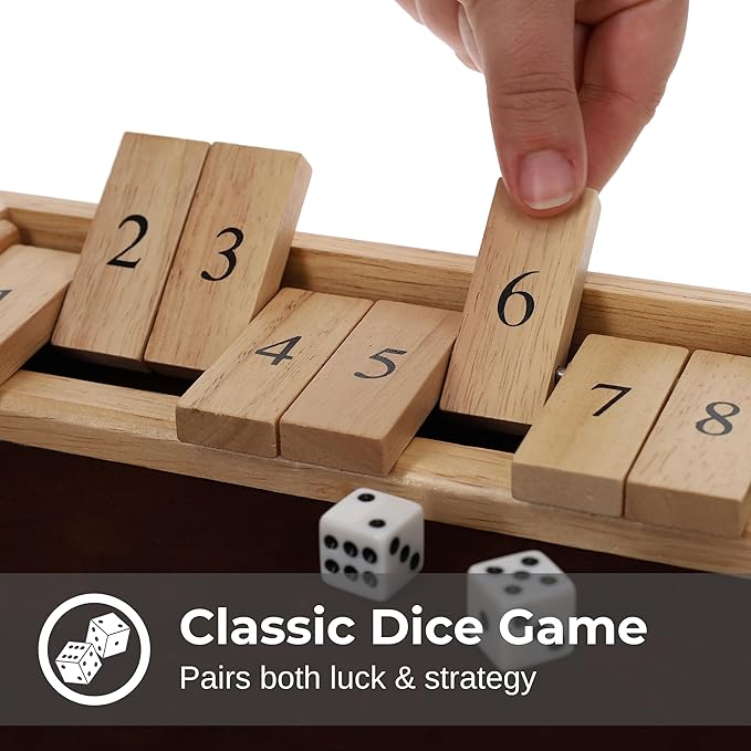 WE Games Wooden Shut The Box - Close The Box Set with 12 Number Tiles &amp 2 Dice Games - 13.5” Natural Wood Finish
