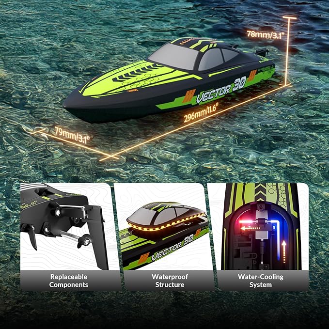 volantexrc RC Remote Control Boat for Pool2.4Ghz Control RC Boats for Adults Lake Electric Boat with Water Cooling System 2Rechargeable Batteries (Green)