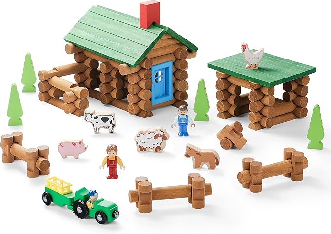 SainSmart Jr. Wooden Log Cabin Set Farm Building House Toy for Toddlers 122 PCS Classic STEM Construction Kit with Colorful Wood Logs Blocks for 3+ Years Old