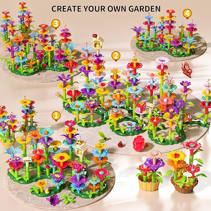 TEMI 138 PCS Flower Garden Building Toys for Girls Toys Educational STEM Toy and Preschool Garden Play Set for Toddlers 3 4 5 6 7 8 Year Old Kids Boys Girls Flower Stacking Toys for Kids Age 3-6
