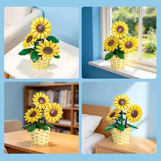 Xbert Sunflower Building Set Botanicals Potted Plant Artificial Flowers Fake Indoor Flowers for Home Office Bedroom Desk Decor - Gifts for for Women Adults
