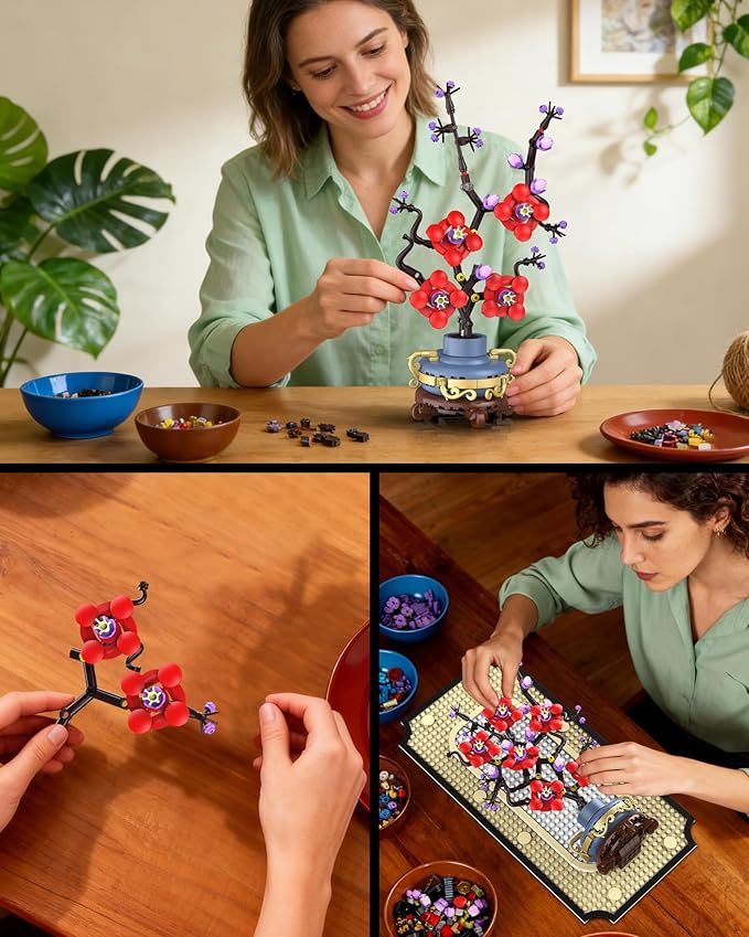 Plum Blossom Building Set for Adults 3D Wall Art Frame Decor Botanical Flower Blocks Kit Home Office Wall Decor Birthday for Women &amp Plant Lovers (529 PCS)