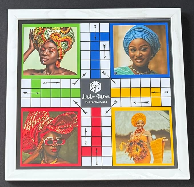 Classic Ludo Board Game Traditional Family Strategy Game 12x12 Inch Board with 16 Pieces and 2 Dice 2-4 Players (African Ladies White)