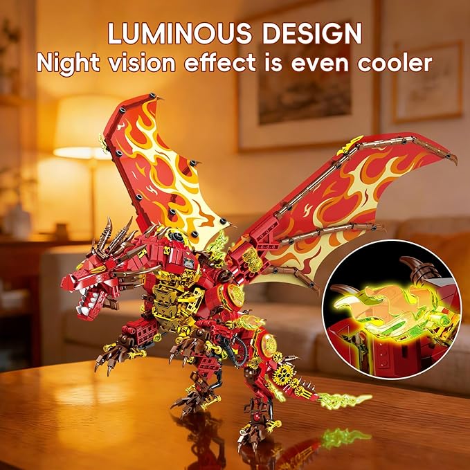 Armored Flaming Dragon Building Blocks Set Mechanical Style Red Dragon Model with Flame Details 3D Construction ToyIdeal Gift for Adults &amp Teens.