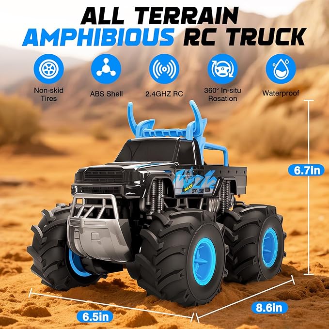 Lacchoufee 1:16 Waterproof Monster Truck Toys RC Cars 2.4GHz Remote Control Truck for Kids Boy Ages 89101112 Years Old 4WD All Terrain Off-Road with LED Lights RC Boat for Boy Girl Birthday Gift