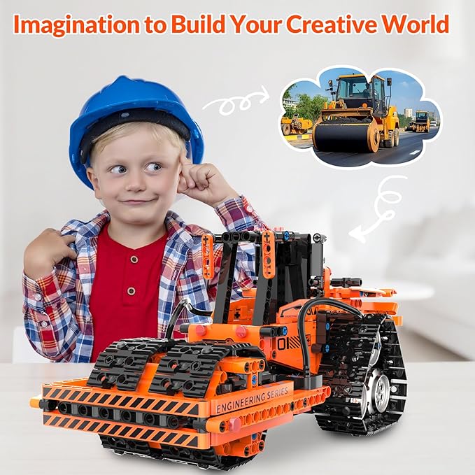5in1 STEM Building Kits for Kids STEM Building Toys for Kid Remote &amp APP Controlled Excavator/Crane/Bulldozer/Road Roller/Dump Trucks Building Blocks Set for Boys Girls Birthday Xmas Idea Gifts