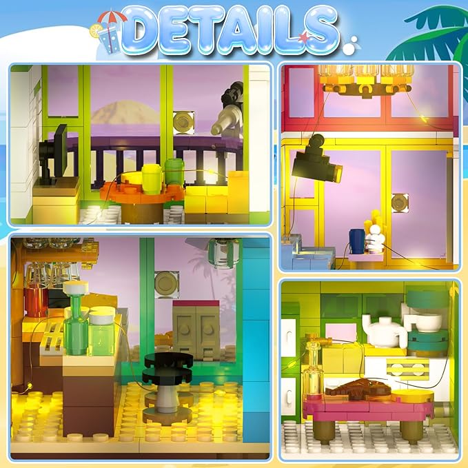 Beach House Building Set with Light NO Compatible with Lego Friend House for Girls Age 8-12 1346PCS Mini Bricks Seaside Villa Creative Holiday Cottage Building Kits for Girl 8-14