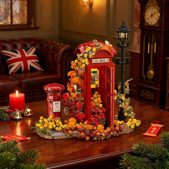 Red London Telephone Box Building Blocks Set for AdultsIdeas Flowers Phone Booth Mailbox and streetlightsCreative Gift Home Office Retro Decor