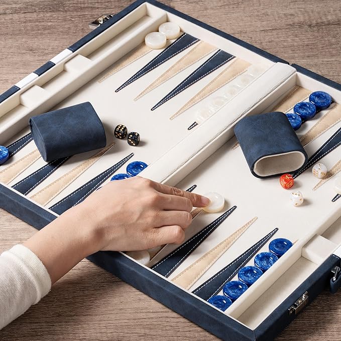 15inch Backgammon Sets for Adults Classic Board Game with Folding Leather Backgammon Case Faux Leather Exterior and Velvet Interior Portable Travel Game Set (Blue)