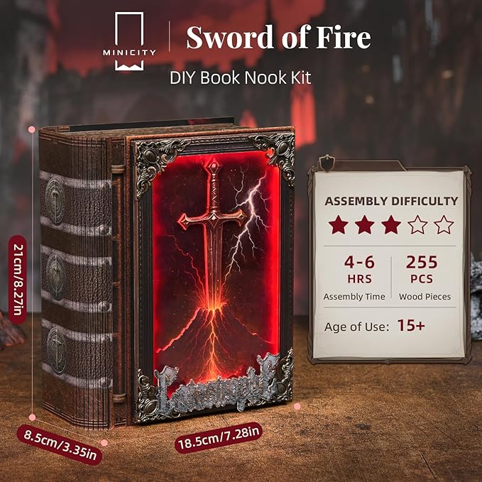 Magic Book Nook Building Set with Lights DIY Booknook Building Model Kit for Home Bookshelf Decor Miniature House Building for Adults Teens (The Sword of Fire)