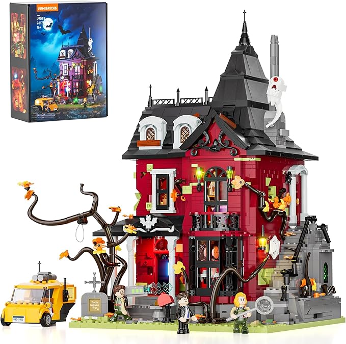Halloween Midnight Haunted Mansion Lighting Building Bricks Set - Ghost Specter Phantom House City Town Modular Collection Kit 2617 Pcs for Adults &amp Teens