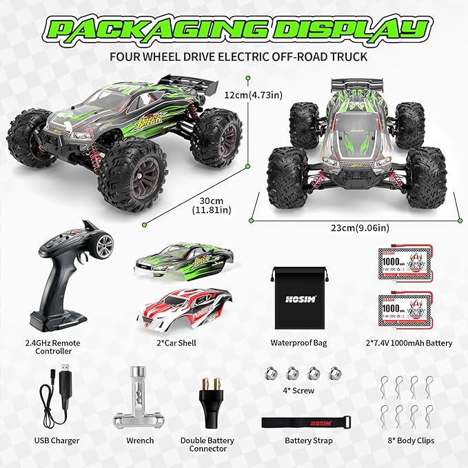 Hosim 2845 Brushless 60+ KMH 4WD High Speed RC Monster Truck 1:16 Scale RC Car All Terrain Off-Road Waterproof 2.4GHZ Hobby Grade Remote Control Vehicle for Adults Children(Green)