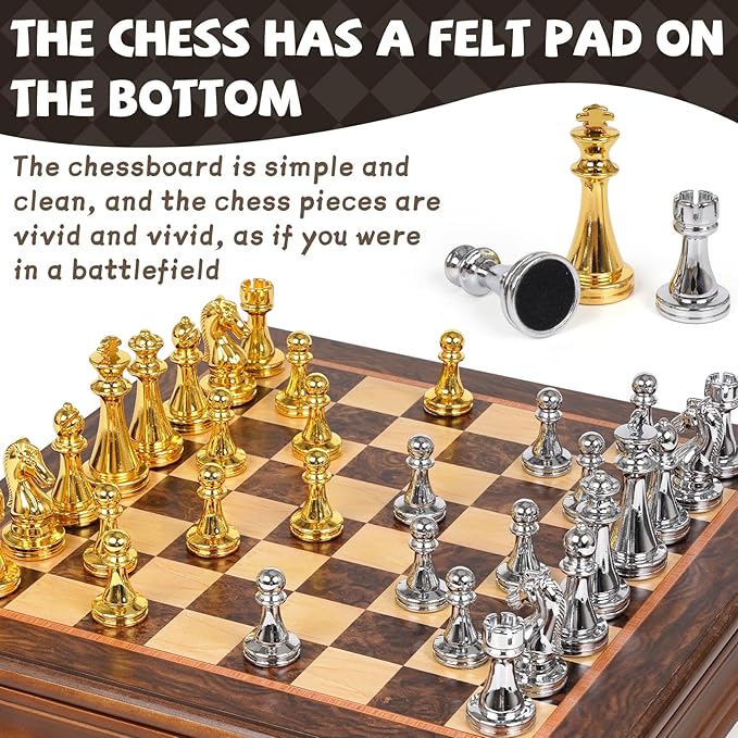 12-Inch Metal Chess Set with Wooden Board for Kids and Adults Gold &amp Silver Chess Pieces with Extra Queens Portable Small Chess Board for Travel Family Game Night Beginners &amp Professional