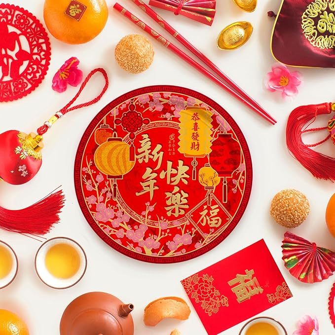 Chinese New Year Party Supplies Kit : Happy New Year Design Decorations Set with Disposable Plates Napkins Cups Tablecloth and Festive Banner - for Lunar New Year Celebrations Serves 25.