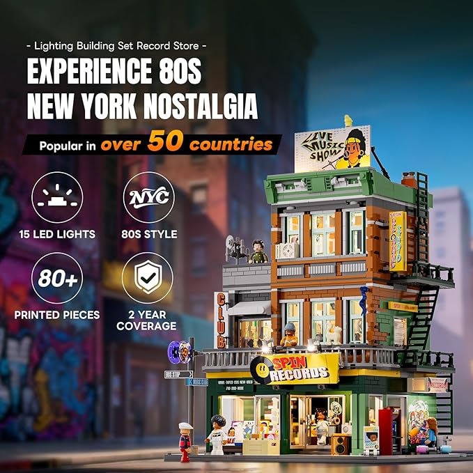 Record Store Lighting Building Bricks Set - Street Fusion City Town Audio Shop Multi-Form Modular Collection Kit 1980 Pcs for Adults &amp Teen &amp Music Lovers