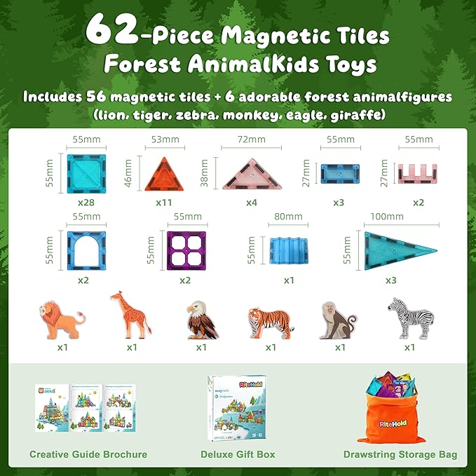 Magnetic Tiles for Kids 62PCS Magnatiles Building with Storage Bag Set Toddler Construction STEM Small Travel Tiles Micro Toys for Kid Ages 3 4 5 6 7 8 9 10 Preschool Boys Girls Birthday