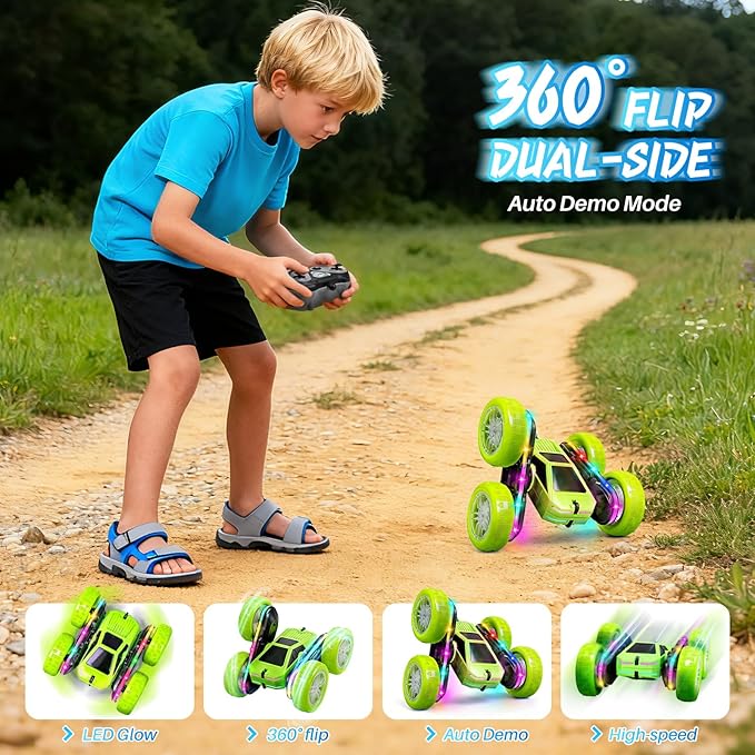 Remote Control Car Rc Cars Stunt RC Crawler Toys 4WD 360° Rotating with LED Light-Up Wheels &amp Remote Control for 6-12 for Boys Birthday Gift (Green)