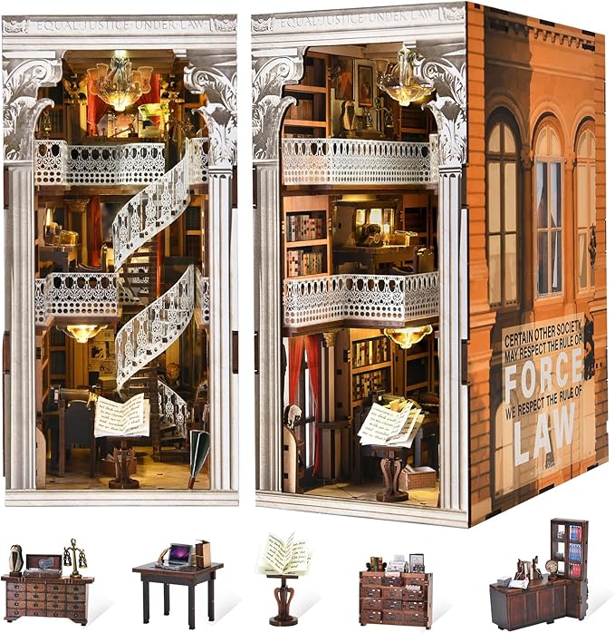 Book Nook Kit DIY Dollhouse Booknook Book Nook Miniature Kit for Bookshelf Insert Decor Crafts for Adults Teen Halloween 3D Wooden Puzzle with Led Light (Law Library)
