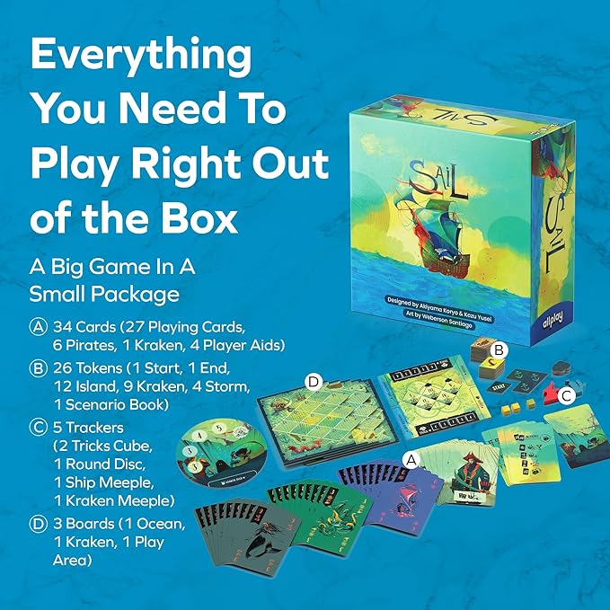 ALLPLAY Sail Cooperative Strategy 2 Player Board Game for Adults and Family - Unique Trick Taking Card Game - Communication Limits and Challenging Scenarios in Small Travel Size Box (5 x 5 x 2)