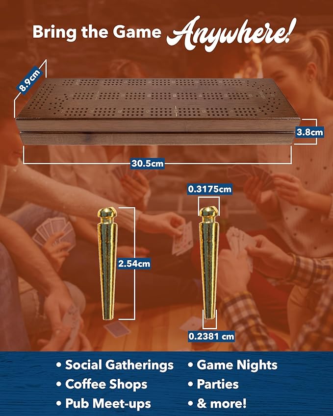 WE Games Cribbage Board with Pegs - Cribbage Set of Playing Cards &amp 9 Metal Pegs - Fun Family Game Night - Travel Cribbage Board Walnut Stained