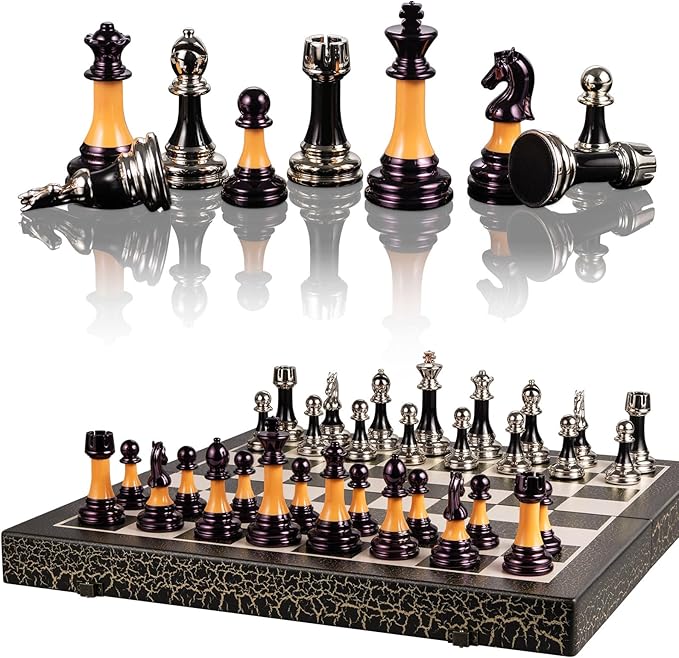 Chess Set 16 Wooden Foldable Black White Chess Board 3.5 Luxury Weighted Acrylic Chess Pieces with Storage Slots for Adults Children Gift Large