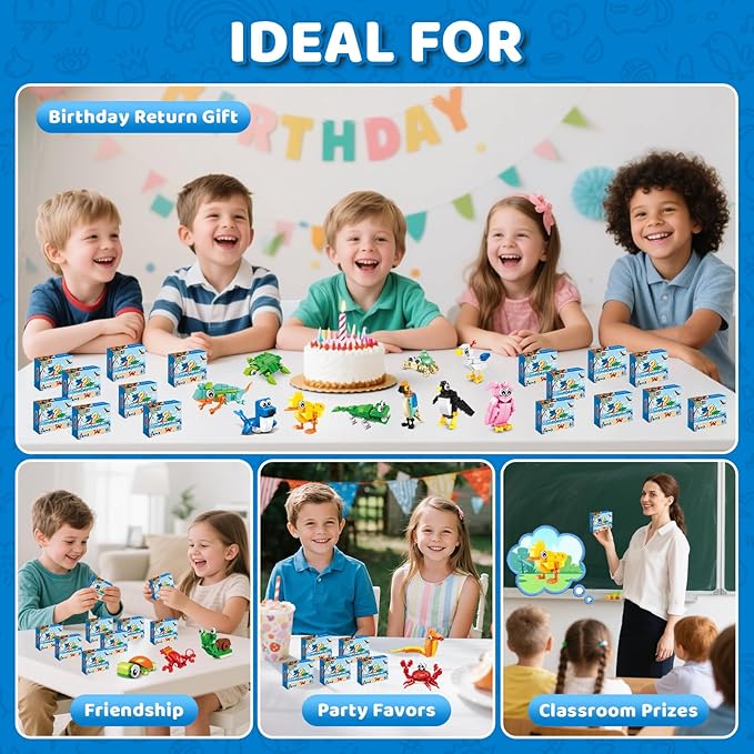24 Packs Party Favors for Kids – 779 PCS 6-in-1 &amp 12-in-1 Animal Building Blocks Set with Animal Cards – Goodie Bag Fillers Classroom Prizes Birthday &amp Easter Gifts for Kids Ages 6-12