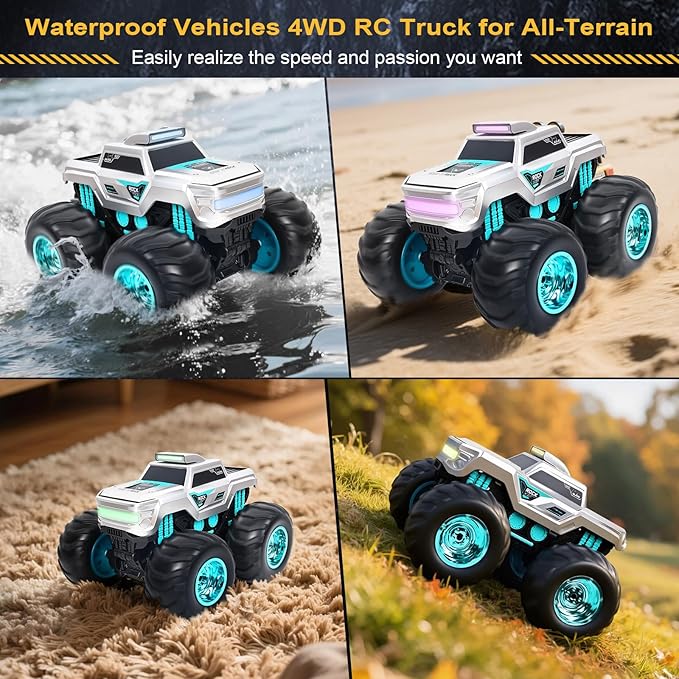 Waterproof Amphibious Remote Control Truck for Kids Gyroscope Self-Balancing Monster Truck with Wheelie Stunts LED Lights All-Terrain RC Car for Boys Girls Ages 6–12 Outdoor Pool Toy Gift