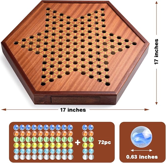 VAMSLOVE Large 17 Chinese Checkers Board Game for 2-6 Player Wooden Game Board 16mm 60+12 Colorful Glass Marbles Easy Grasping for Adults and Kids w/Storage Drawer Fun for Family Gathering