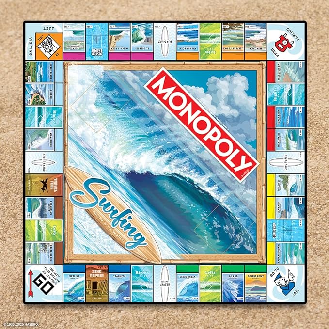 Monopoly: Surfing Waves of the World Board Game – Buy Sell Trade Iconic Surf Spots Like Pipeline &amp Superbank 6 Custom Beach-Themed Tokens Family Game for Beach Sports Fans &amp Collectors Ag