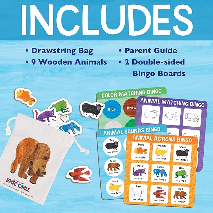 World of Eric Carle: Animal Bingo Game – Wooden Toddler Bingo Set Featuring Brown Bear – Learn Animal Sounds Movements Colors &amp Matching – Preschool Game for Ages 2+