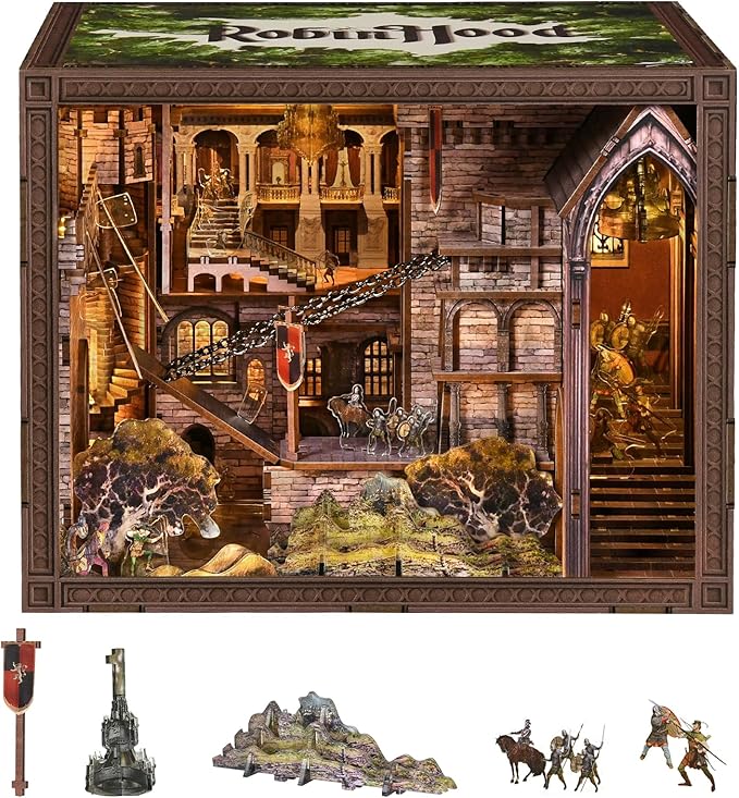 Book Nook Kit - DIY Miniature Dollhouse Kit Dollhouse Booknook Tiny House Bookshelf Decor 3D Wooden Puzzle Gifts for Family Friends (Robin Hood - The Castle's Escape)