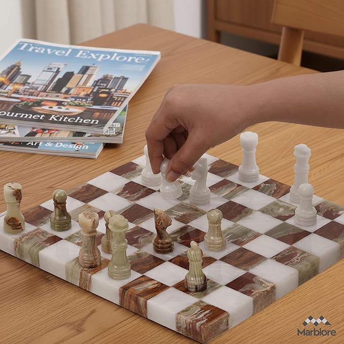 Marble Chess Set 10 Inch White &amp Green Travel Chess Board with 32 Pieces &amp 2 Extra Queens Handcrafted Classic 2 Player Chess Game for Adults