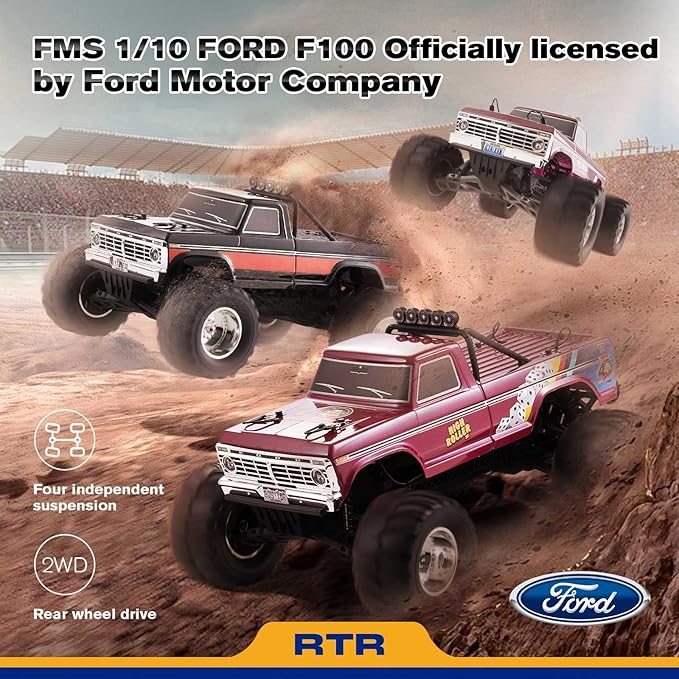 EAZYRC FMS 1/10 RC Truck Ford F-100 – 2WD Monster Truck with Licensed Body 550 Brushed Motor Oil Shocks Independent Suspension – All-Terrain RC Crawler High Speed Off-Road RC Car for Gift(Black)
