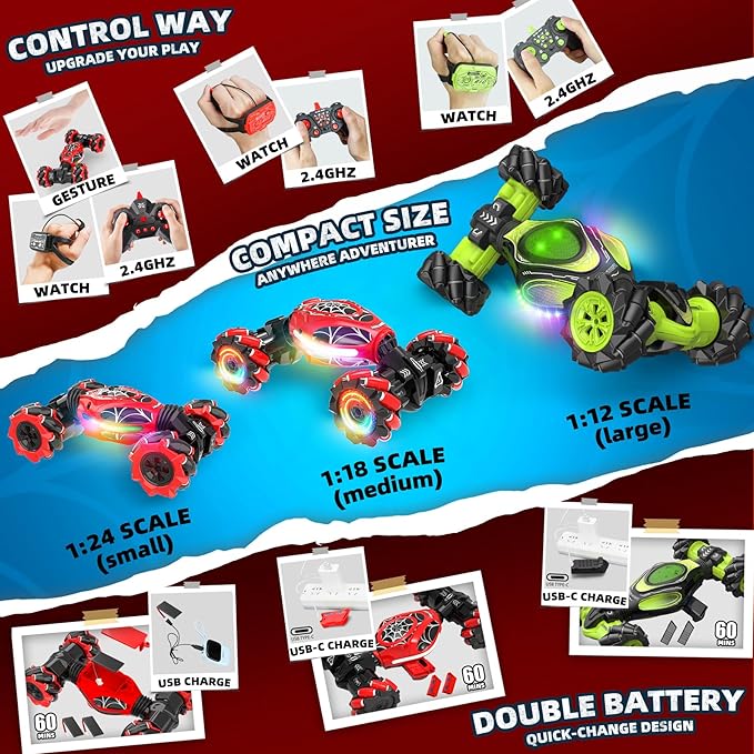 Spider RC Cars Toys with Body Tires Lights 2.4GHz Gesture Hand Control Car One-Button Deformation Fast 360°Rotation Toys Birthday Gifts for 7 8 9 10 Year Old Boys Age 6-12