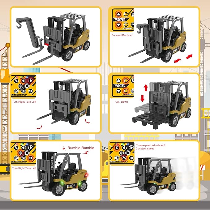 1/64 RC Forklift ToyToys for 6 7 8 9 Year Old Kids Boys2 in 1 Transformable Lift Fork &amp Hook with Lights &amp SoundsRemote Control Car with TrailerRC Construction Toys Kids Gifts