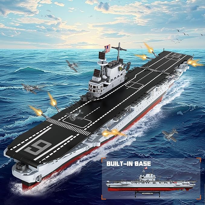 USS Enterprise Aircraft Battleship Building Toys Set (1883Pcs) WW2 Navy Ship Model with Molded Airplanes and Display Stand 30 Long Military Building Block Toy for Teens and Adults