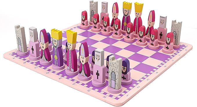 Pink Chess Set Wooden with Board Educational Adults Cartoon Board Game Cute