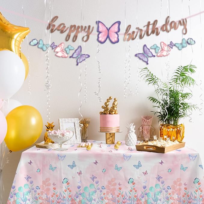 Butterfly Birthday Party Supplies Disposable Paper Plates Napkins Cups Tablecloth and Banner for Butterfly Girl Party Birthday Decorations Serve 25