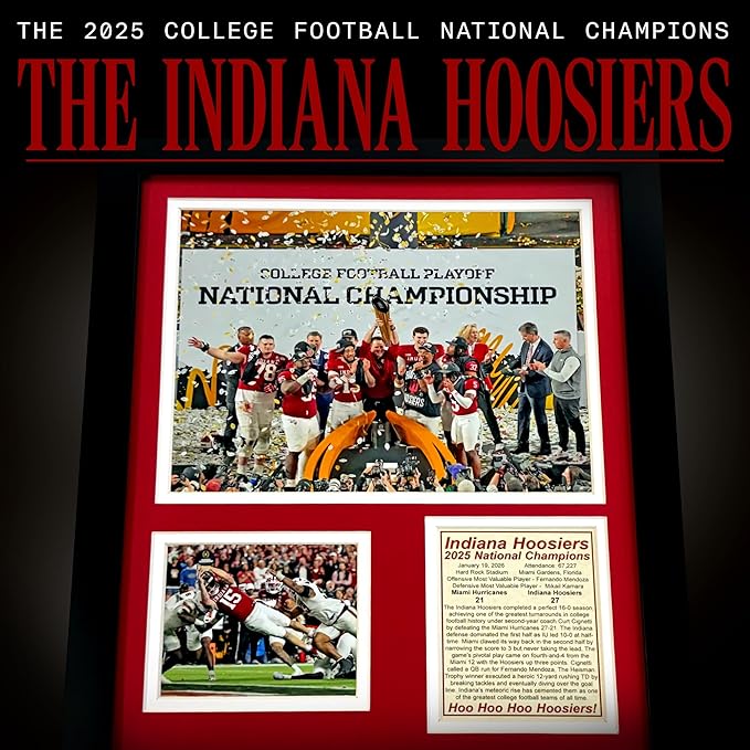 Indiana Hoosiers | 2025 CFP National Champions | Collectible Hoosier Football Memorabilia | Framed Picture &amp Photo Collage Gift Man Cave Wall Art Home &amp Room Decor | 2 Sizes &amp 2 Styles (