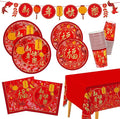 Chinese New Year Party Supplies Kit : Happy New Year Design Decorations Set with Disposable Plates Napkins Cups Tablecloth and Festive Banner - for Lunar New Year Celebrations Serves 25.