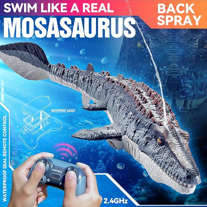 Remote Control Swimming Mosasaurus Toy 2.4GHz Waterproof Design 24-Inch Dinosaur Water Toy with Spray Function