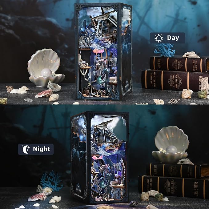 Book Nook Kit 3D Wooden Puzzle for Adults Teen DIY Ocean Miniature Dollhouse Booknook Kit with Led Light and Dust Cover (Song of The Sirens)