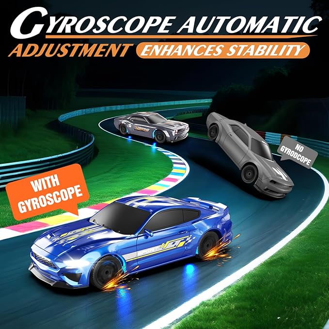 RC Drift Car 1/43 Scale Mini RC Drift Cars with Gyro 4WD Full Proporitonal High Speed Remote Control Car with LED Lights and Drifting Tires Hobby Racing Cars for Adults Kids Boys Girl Blue