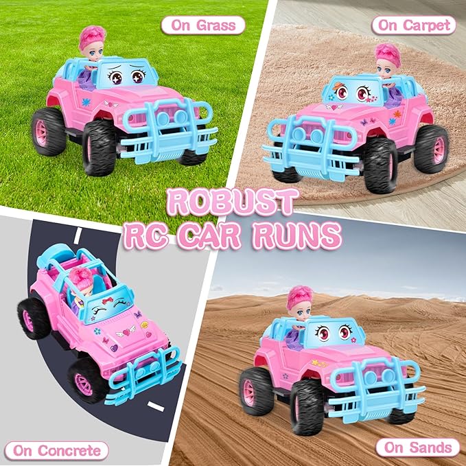 Remote Control Car- RC Truck with DIY Stickers and Doll for Kids Girls Birthday 1:20 Scale RC Truck Full Functions Creative Racing Car for Toddlers Kids Indoor Outdoor Games Pink